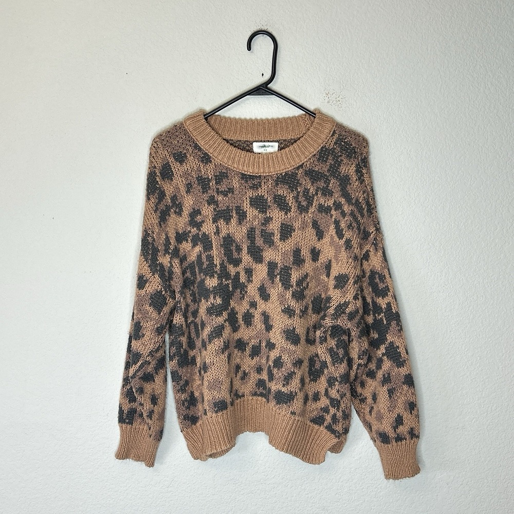 Aerie Oversized Cotton Blend Leopard Print Crew Neck Sweater Women's Pullover